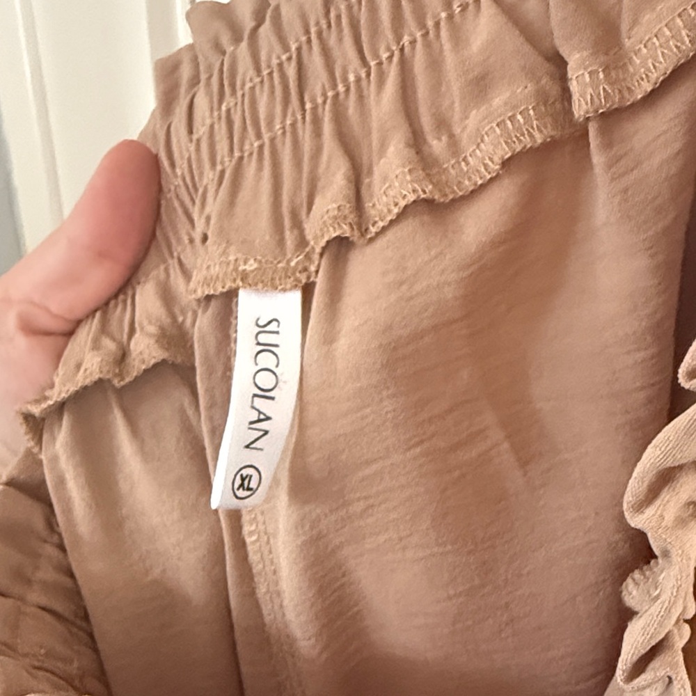 Tan Wide-Leg Pants with Tie Waist - Picture 2 of 5